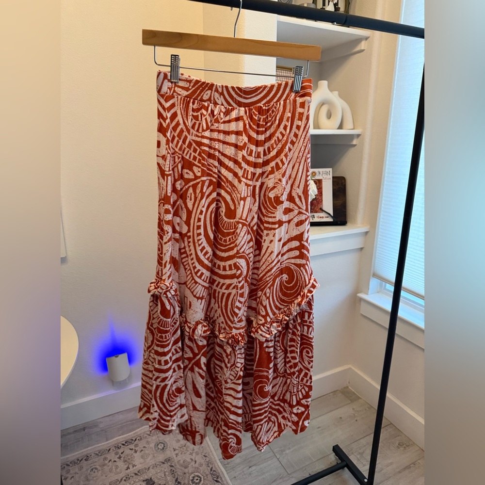 Anthropologie Rust and White Abstract Print Maxi Skirt